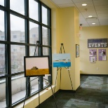 Campus hallway with student art.